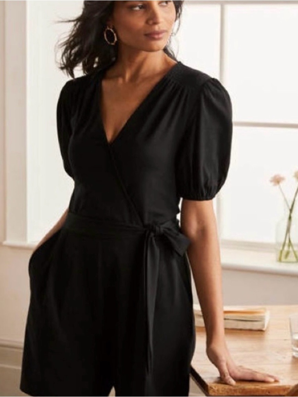 Boden Black Short Puff-Sleeve Wrap Romper